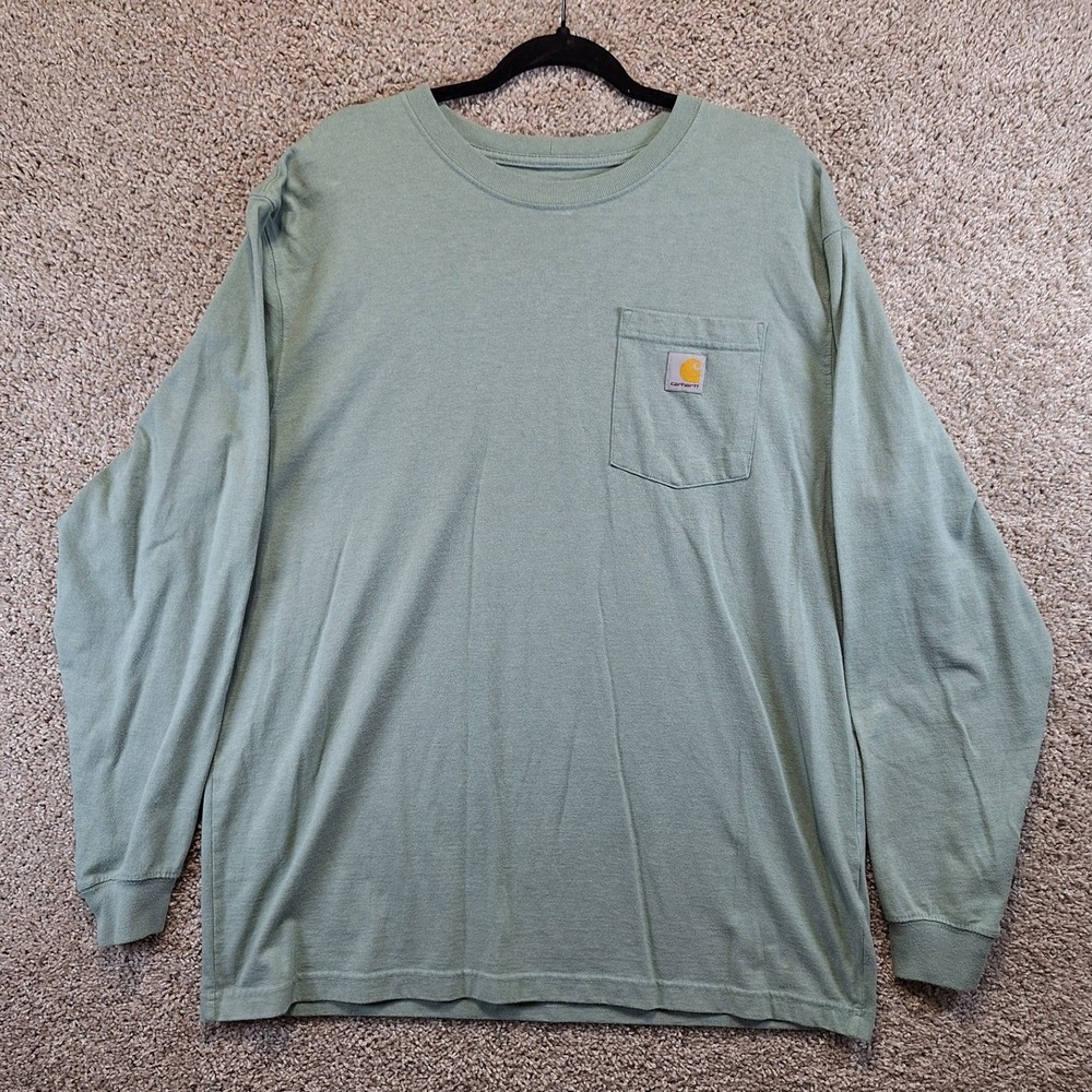 Carhartt Long Sleeve Shirt Mens L Green Graphic Loose Fit Pocket Tee Workwear